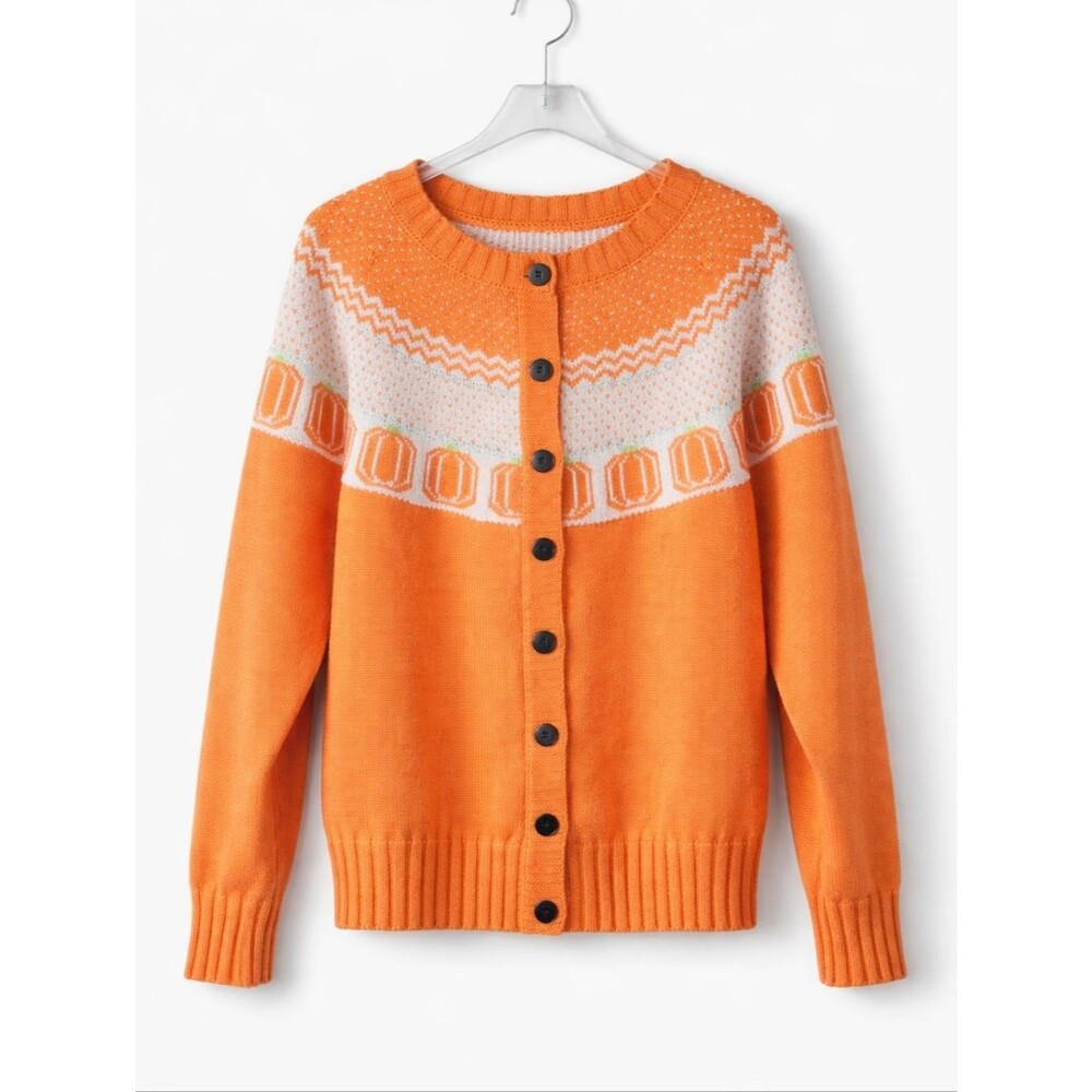 Autumn Orange Fair Isle Retro Geometric Pumpkin Print Cozy Knit Cardigan Sweater